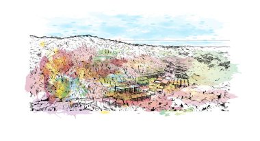 Print Building view with landmark of Noosa Heads is the town in Australia. Watercolor splash with hand drawn sketch illustration in vector.