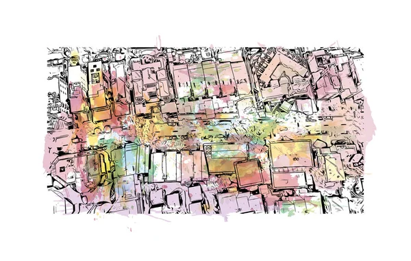 Print Building view with landmark of Noosa Heads is the town in Australia. Watercolor splash with hand drawn sketch illustration in vector.