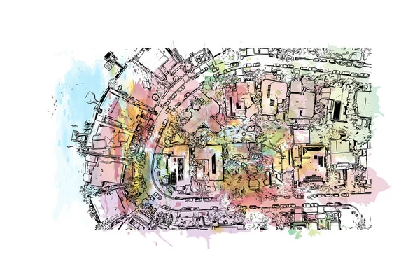 Print Building view with landmark of Noosa Heads is the town in Australia. Watercolor splash with hand drawn sketch illustration in vector.