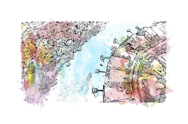 Print Building view with landmark of Noosa Heads is the town in Australia. Watercolor splash with hand drawn sketch illustration in vector.