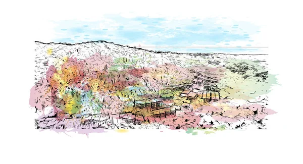 Print Building view with landmark of Noosa Heads is the town in Australia. Watercolor splash with hand drawn sketch illustration in vector.