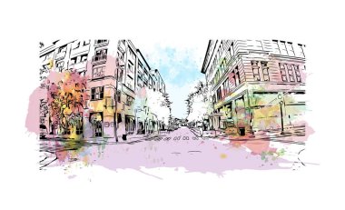 Print Building view with landmark of Norfolk is the city in Virginia. Watercolor splash with hand drawn sketch illustration in vector.