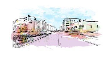 Print Building view with landmark of Norfolk is the city in Virginia. Watercolor splash with hand drawn sketch illustration in vector.