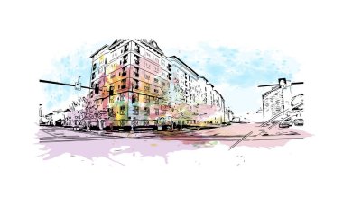 Print Building view with landmark of Norfolk is the city in Virginia. Watercolor splash with hand drawn sketch illustration in vector.