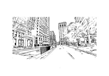 Print Building view with landmark of Norfolk is the city in Virginia. Hand drawn sketch illustration in vector.
