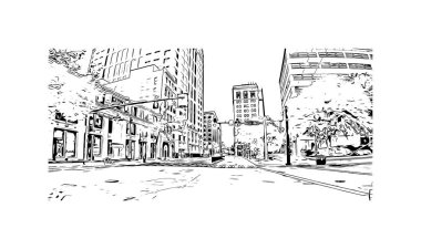 Print Building view with landmark of Norfolk is the city in Virginia. Hand drawn sketch illustration in vector.