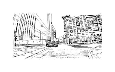 Print Building view with landmark of Norfolk is the city in Virginia. Hand drawn sketch illustration in vector.