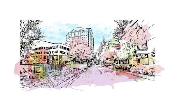 Print Building View Landmark Norfolk City Virginia Watercolor Splash Hand — Stock vektor