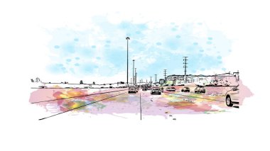 Print Building view with landmark of North Las Vegas is the city in Nevada. Watercolor splash with hand drawn sketch illustration in vector.