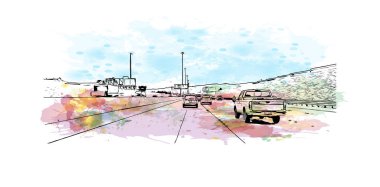 Print Building view with landmark of North Las Vegas is the city in Nevada. Watercolor splash with hand drawn sketch illustration in vector.
