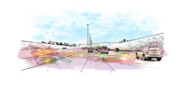 Print Building view with landmark of North Las Vegas is the city in Nevada. Watercolor splash with hand drawn sketch illustration in vector.