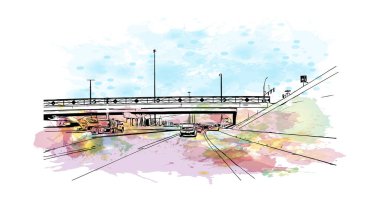 Print Building view with landmark of North Las Vegas is the city in Nevada. Watercolor splash with hand drawn sketch illustration in vector.