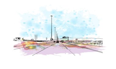 Print Building view with landmark of North Las Vegas is the city in Nevada. Watercolor splash with hand drawn sketch illustration in vector.