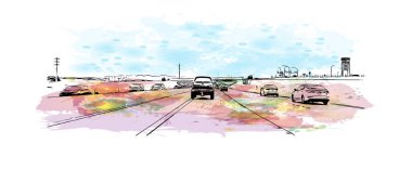 Print Building view with landmark of North Las Vegas is the city in Nevada. Watercolor splash with hand drawn sketch illustration in vector.