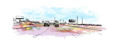 Print Building view with landmark of North Las Vegas is the city in Nevada. Watercolor splash with hand drawn sketch illustration in vector.