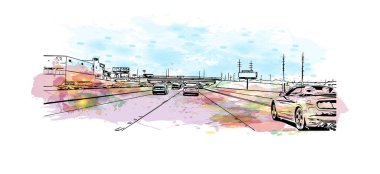 Print Building view with landmark of North Las Vegas is the city in Nevada. Watercolor splash with hand drawn sketch illustration in vector.