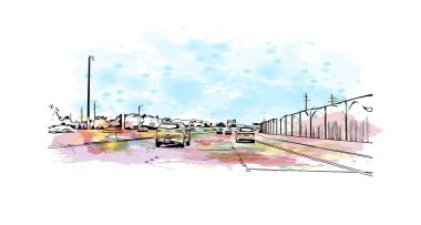 Print Building view with landmark of North Las Vegas is the city in Nevada. Watercolor splash with hand drawn sketch illustration in vector.