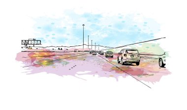 Print Building view with landmark of North Las Vegas is the city in Nevada. Watercolor splash with hand drawn sketch illustration in vector.