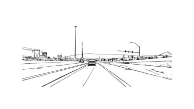 Print Building view with landmark of North Las Vegas is the city in Nevada. Hand drawn sketch illustration in vector.