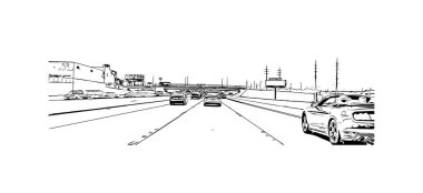 Print Building view with landmark of North Las Vegas is the city in Nevada. Hand drawn sketch illustration in vector.