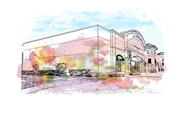 Print Building view with landmark of North Port is the city in Florida. Watercolor splash with hand Drawn sketch illustration in vector.