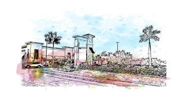 Print Building view with landmark of North Port is the city in Florida. Watercolor splash with hand Drawn sketch illustration in vector.