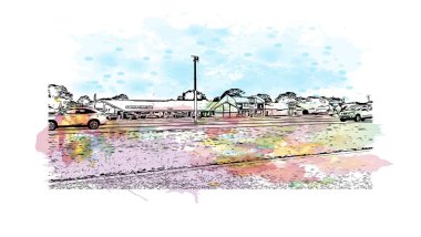 Print Building view with landmark of North Port is the city in Florida. Watercolor splash with hand Drawn sketch illustration in vector.