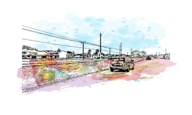 Print Building view with landmark of North Port is the city in Florida. Watercolor splash with hand Drawn sketch illustration in vector.