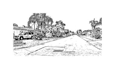 Print Building view with landmark of North Port is the city in Florida. Hand Drawn sketch illustration in vector.