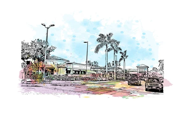 Print Building View Landmark North Port City Florida Watercolor Splash — Stockvector