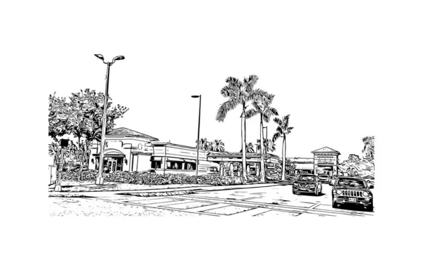 Print Building View Landmark North Port City Florida Hand Drawn — Vetor de Stock