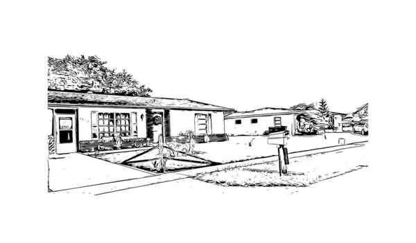Print Building View Landmark North Port City Florida Hand Drawn — Archivo Imágenes Vectoriales