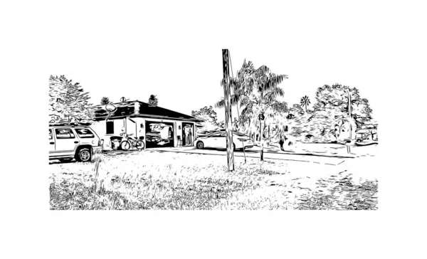 Print Building view with landmark of North Port is the city in Florida. Hand Drawn sketch illustration in vector.