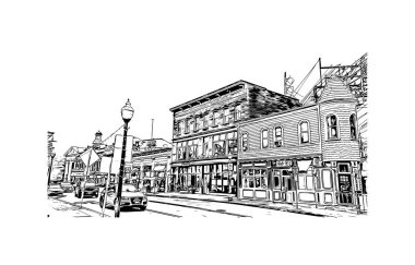 Print Building view with landmark of Norwalk is the city in Connecticut. Hand drawn sketch illustration in vector. 