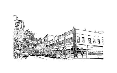 Print Building view with landmark of Norwalk is the city in Connecticut. Hand drawn sketch illustration in vector. 