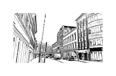 Print Building view with landmark of Norwalk is the city in Connecticut. Hand drawn sketch illustration in vector. 