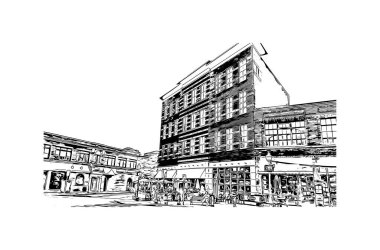 Print Building view with landmark of Norwalk is the city in Connecticut. Hand drawn sketch illustration in vector. 