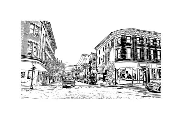 Print Building View Landmark Norwalk City Connecticut Hand Drawn Sketch — Vettoriale Stock