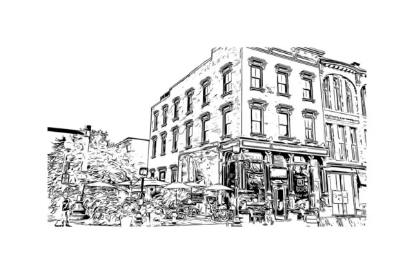 Print Building view with landmark of Norwalk is the city in Connecticut. Hand drawn sketch illustration in vector. 