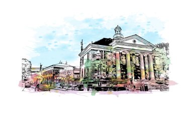 Print Building view with landmark of Norwalk is the city in Connecticut. Watercolor splash with hand drawn sketch illustration in vector. 