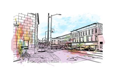 Print Building view with landmark of Norwalk is the city in Connecticut. Watercolor splash with hand drawn sketch illustration in vector. 