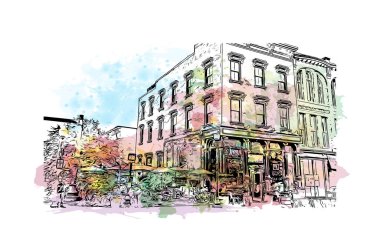 Print Building view with landmark of Norwalk is the city in Connecticut. Watercolor splash with hand drawn sketch illustration in vector. 