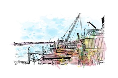 Print Building view with landmark of Norwalk is the city in Connecticut. Watercolor splash with hand drawn sketch illustration in vector. 