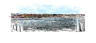Print Building view with landmark of Norwalk is the city in Connecticut. Watercolor splash with hand drawn sketch illustration in vector. 