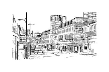 Print Building view with landmark of Norwich is a city in England. Hand drawn sketch illustration in vector