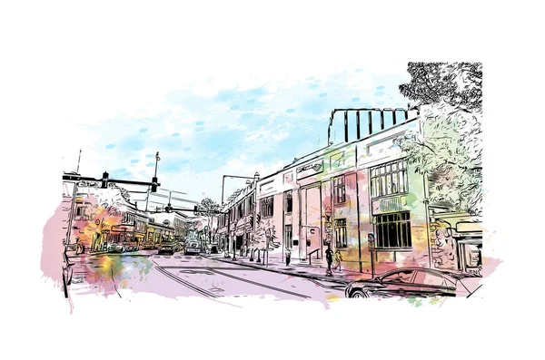 Print Building View Landmark Norwalk City Connecticut Watercolor Splash Hand — Image vectorielle