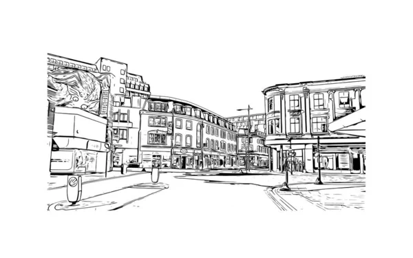 Print Building View Landmark Norwich City England Hand Drawn Sketch — ストックベクタ