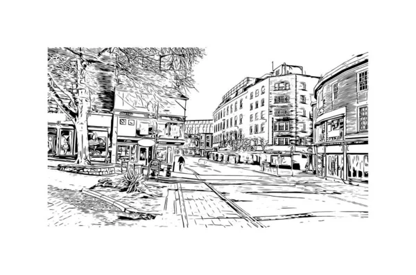 Print Building View Landmark Norwich City England Hand Drawn Sketch — 스톡 벡터