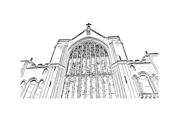 Print Building View Landmark Norwich City England Hand Drawn Sketch — Stockvector