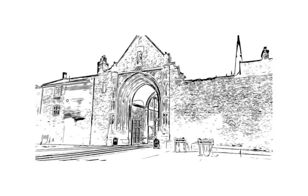 Print Building View Landmark Norwich City England Hand Drawn Sketch — 스톡 벡터